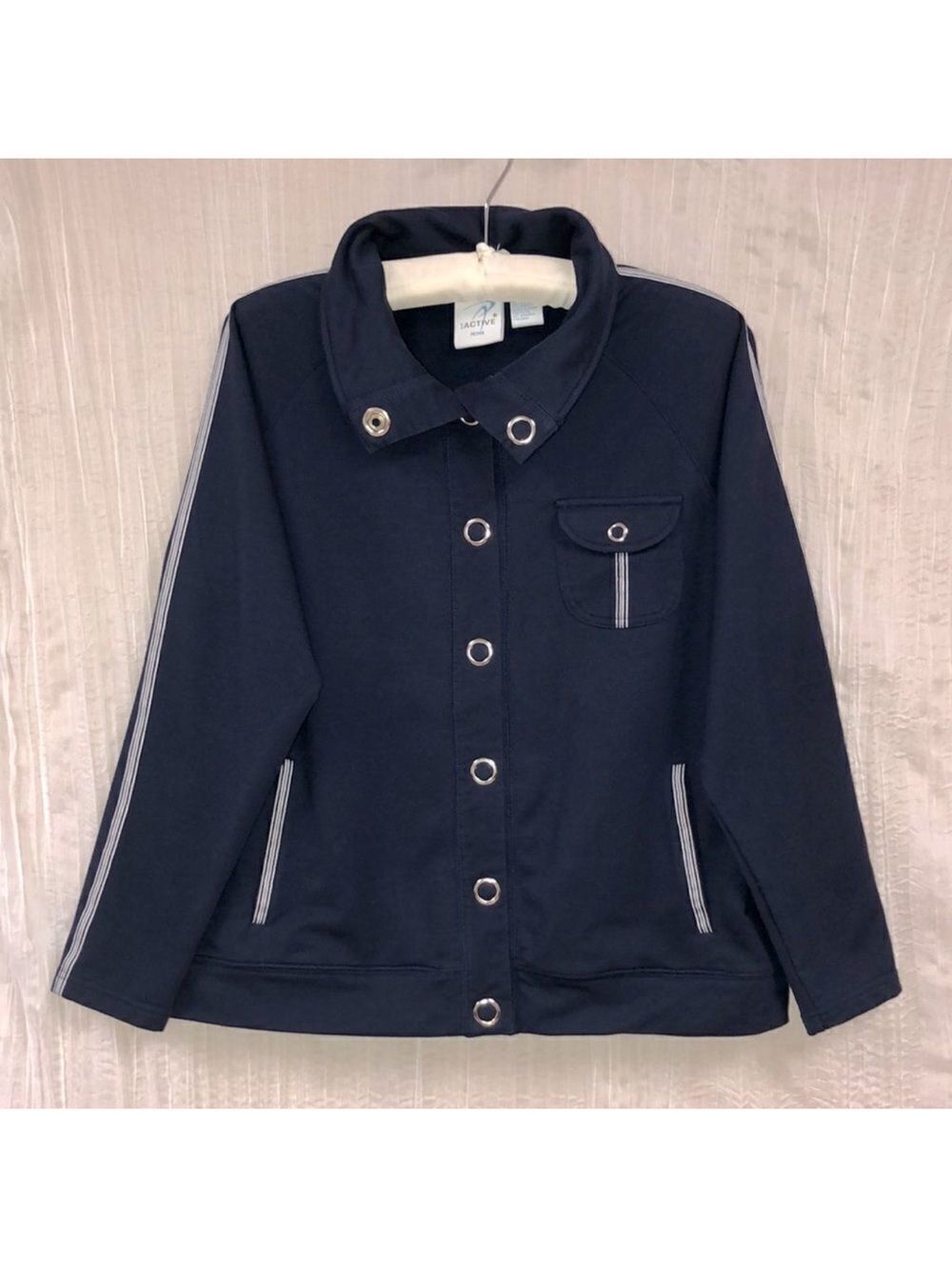 IActive PLĀ Navy WhiteāTripe Detail Snap Closure Mock Neck AthleticāJacket
